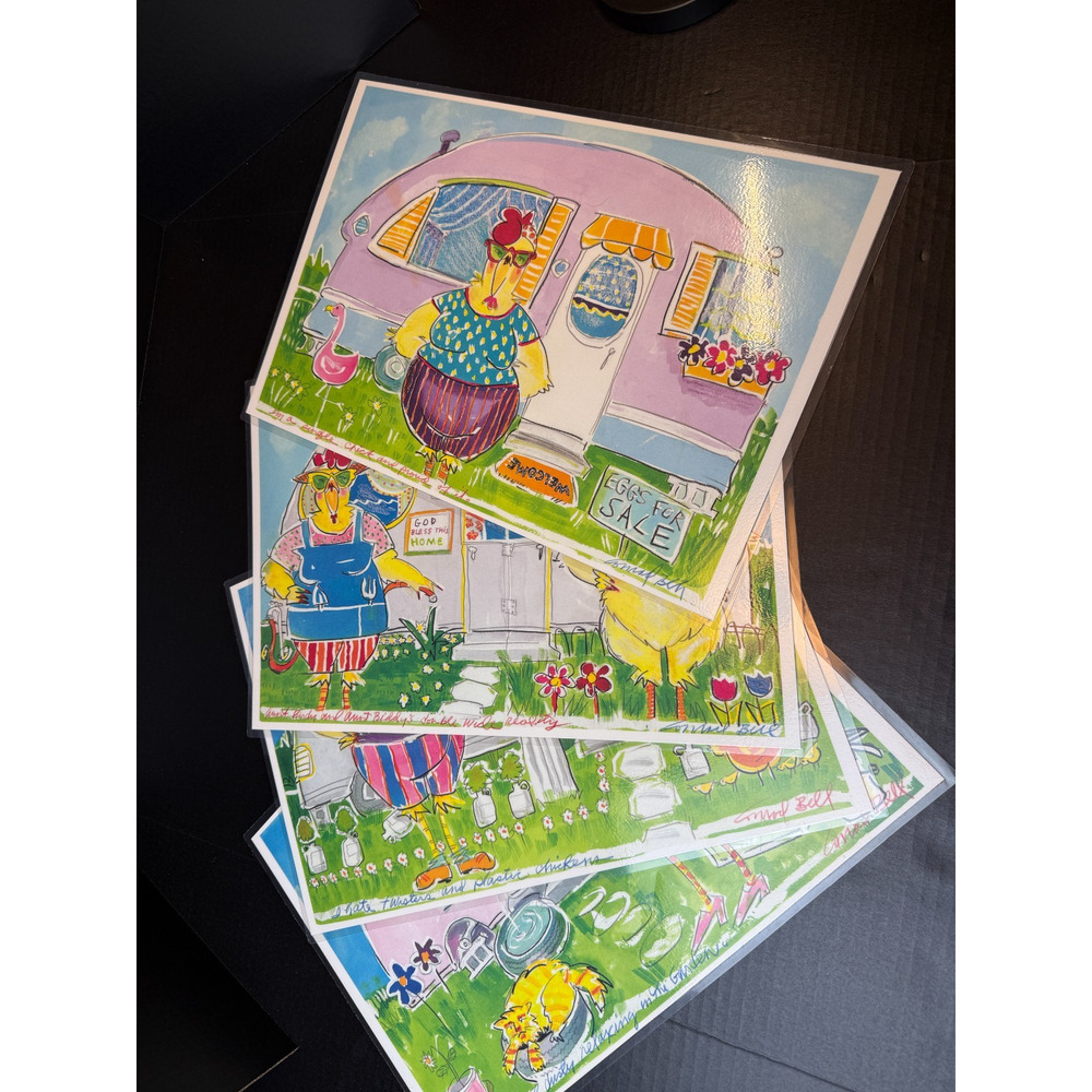 Conrad Bell Chicks at the Trailer Park Placemats Set of 4 Vtg Hen Tiny Home Life